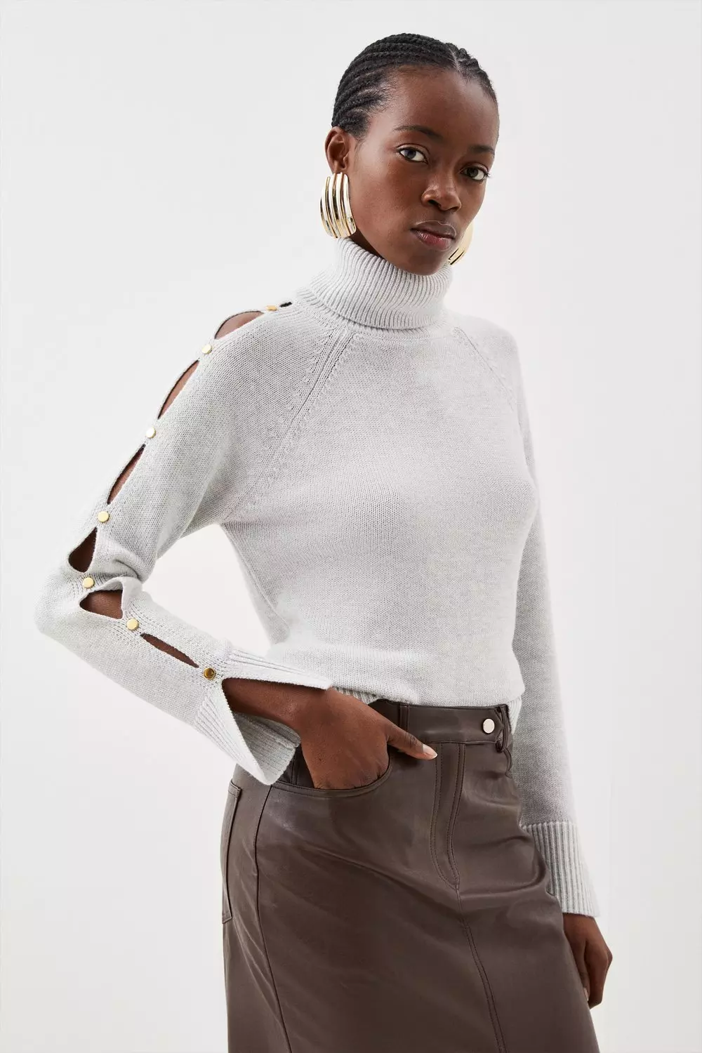 Grey knitted cheap roll neck jumper